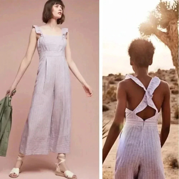 Anthropologie Elevenses Nantucket Ruffled Striped Linen Jumpsuit Size Beach - Picture 1 of 8